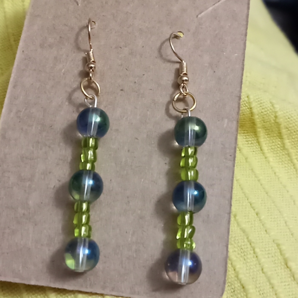 Hand Crafted Iridescent moonbeam and lime green statement earrings drop earrings